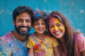 Fototapeta premium Happy Indian Family Celebrating Holi Festival Photo.Fictional Character Created By Generative AI