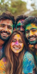 Group of Happy Indian Friends Celebrating Holi Festival with Color Powder (Gulal) Posing for Photo.Fictional Character Created By Generative AI
