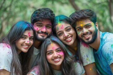 Obraz premium Group of Happy Indian Friends Celebrating Holi Festival with Color Powder (Gulal) Posing for Photo.Fictional Character Created By Generative AI