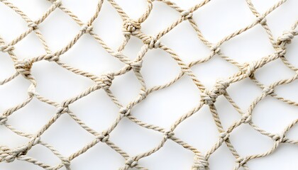 Knotted rope netting is isolated against a white background