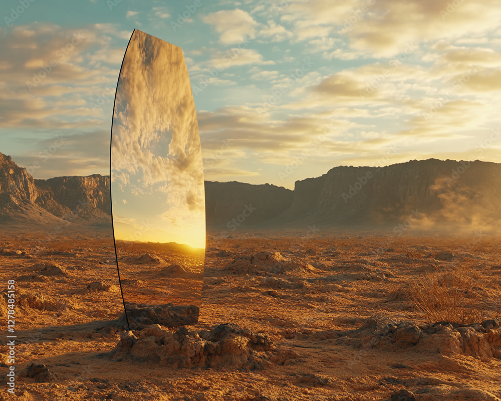 Poster a surreal scene showing a tall mirror standing on a barren desert with a reflection of the sky and m