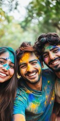 Fototapeta premium Group of Happy Indian Brother and Sister Playing Holi Festival at Outdoor Photo.Fictional Character Created By Generative AI