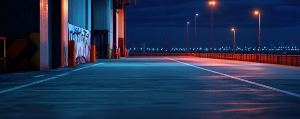 Obraz premium Night city wharf road, building, lights, cityscape, background