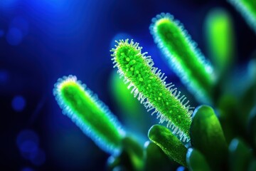 Fototapeta premium Glowing green plant close-up, dark background, lab setting, science research