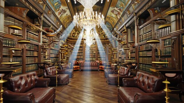 Majestic library interior with luxurious furnishings and elegant lighting in an opulent setting