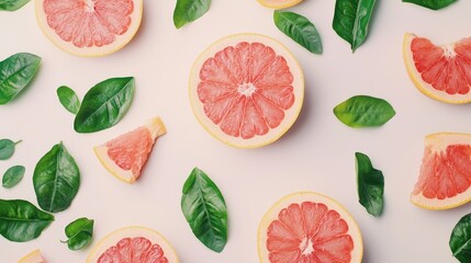 Grapefruit slices, leaves, flatlay, white