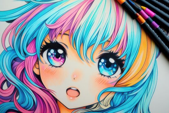 kawaii anime character with expressive eyes and pastel hair, sketched with vibrant markers in loose, energetic style on textured paper