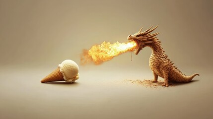 Obraz premium Dragon breathes fire near ice cream cone
