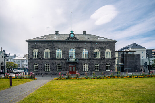 Althingi, the iconic 19th-century parliament building in Reykjav&iacute;k, Iceland, standing proudly near Austurv&ouml;llur in the city center