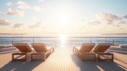 Serene Ocean View from Deck Lounge Chairs at Sunrise with Clouds