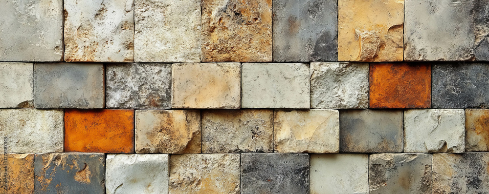 Poster rustic stone wall texture with irregular square grid for architectural design