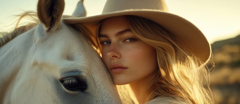 Young woman in hat embraces white horse at sunset in a serene outdoor setting