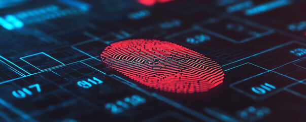 Biometric authentication with red fingerprint on digital interface