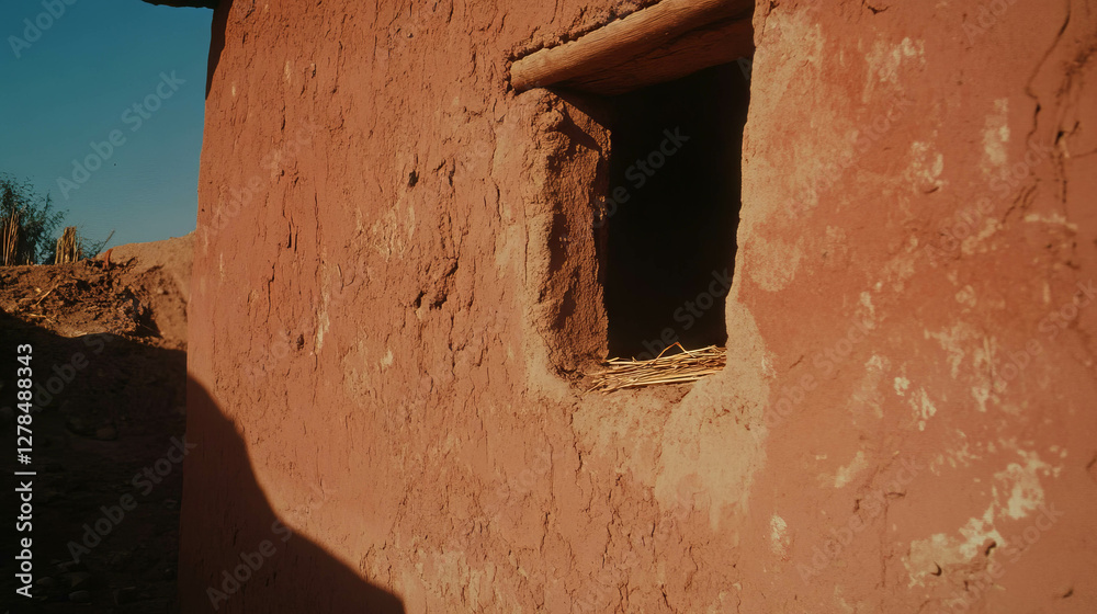 Poster rustic adobe clay wall texture with sunlit open window in warm natural setting