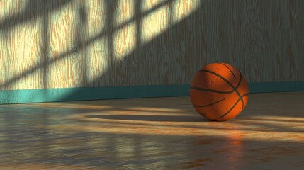 Basketball on wooden floor, sunlit interior.  Possible use Stock photo for sports, healthy lifestyle, or interior design