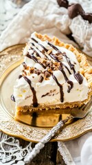 Scrumptious Chocolate Ice Cream Pie Slice on Gold Plate