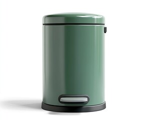 3D green trash bin, front view, white background, high-resolution photography 
