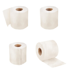Toilet paper roll of different shapes. Watercolor illustration. Paper towel, isolated on white background. Cleaning, toilet room design and home interior theme