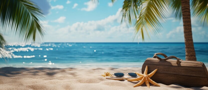 Relaxing beach setting with sunglasses, a starfish, and a wooden bag under palm trees by the ocean