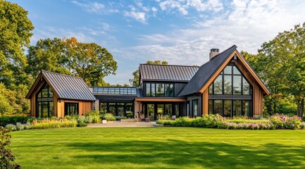 Modern farmhouse with large windows, metal roof, and landscaped yard.