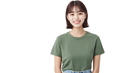 young beautiful korean woman with short haired bang style wearing a green T-shirt and jeans, front view, mockup template concept