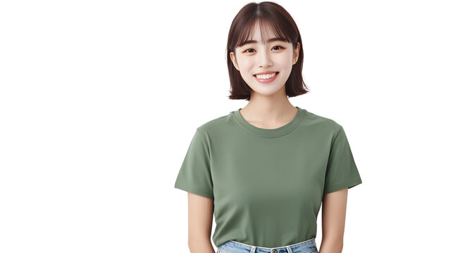 young beautiful korean woman with short haired bang style wearing a green T-shirt and jeans, front view, mockup template concept