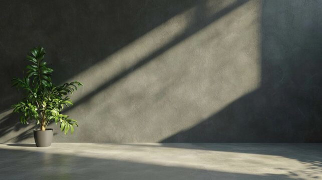 Modern interior with smooth slate effect grey wall and green plant in sunlit room