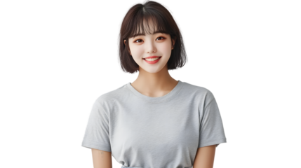 young beautiful korean woman with short haired bang style wearing a gray T-shirt and jeans, front view, mockup template concept