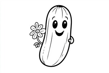 Baby cucumber with a happy face, holding a tiny flower.