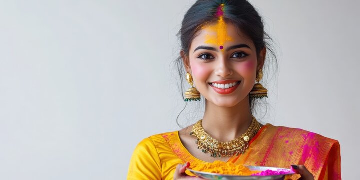 Young Indian Woman Celebrating Holi Festival in Saree with Color Powder (Gulal) Plate Photo.Fictional Character Created By Generative AI