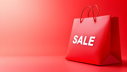 Stylish red shopping bag with sale text against monochrome background