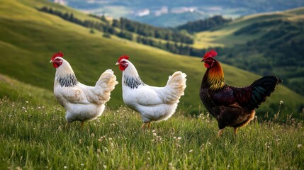 Fototapeta premium Hens, rooster, hillside pasture, sunset