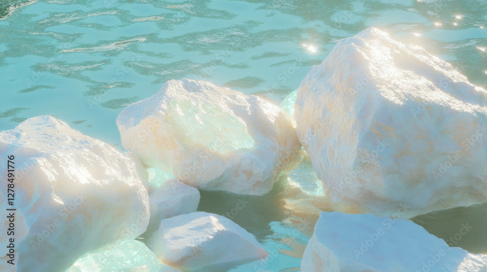 Poster shimmering limestone rocks with embedded crystals emerging from pristine blue water