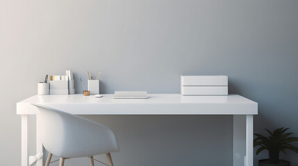A white desk with a chair and a computer