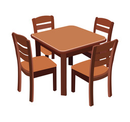 A wooden table with four chairs around it. The chairs are brown and the table is brown. The table is set for a family dinner. wooden table and chairs set vector illustration isolated on white 