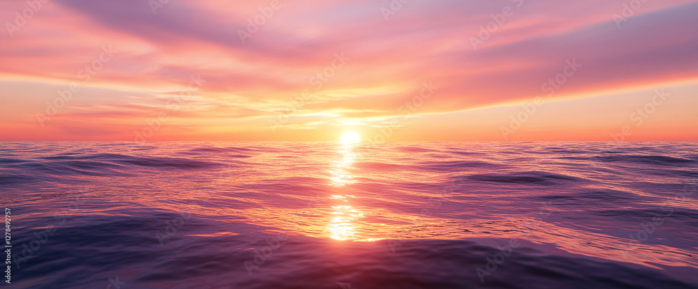 Poster serene ocean view at sunset with soft waves and a golden glow, symbolizing tranquility, peace, and n