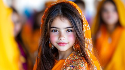 Fototapeta premium Joyful young girl dressed in orange traditional clothing participates in a colorful cultural celebration with peers
