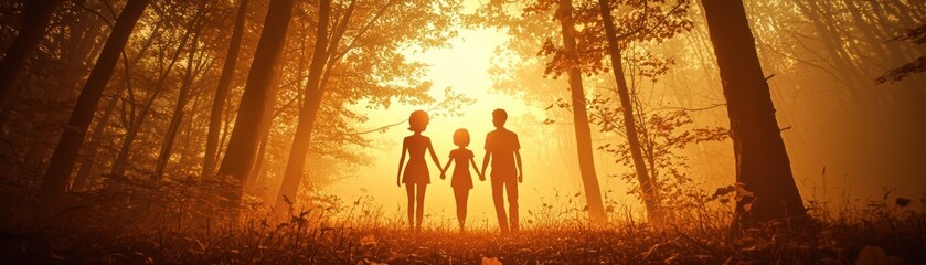 Fototapeta premium Family walking in golden forest. Use Stock photo