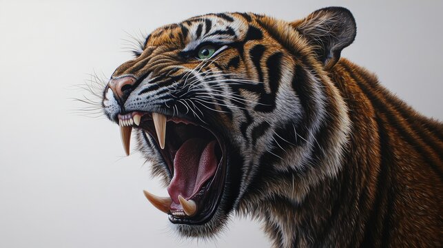 A vivid oil painting captures a tiger mid-roar; fierce eyes glint with life. Sharp teeth bared in an intense, realistic visage, embodying raw power and wild grace