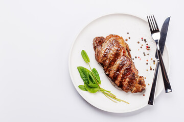 A perfectly cooked striploin steak with a juicy, tender texture
