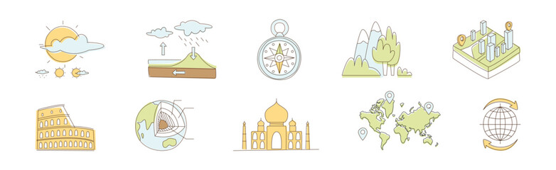 Flat Line Travel Icon and Object Vector Set