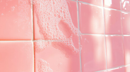 Matte pink tile surface with white grout and soapy texture for bathroom design