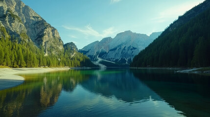 Fototapeta premium Turquoise mountain lake with clear water, surrounded by lush forest and towering peaks, a tranquil nature landscape for travel and outdoor adventure