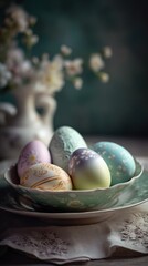 The eggs are arranged in a decorative ceramic bowl with a floral design, placed on a porcelain plate. Traditional Easter setting in a retro style