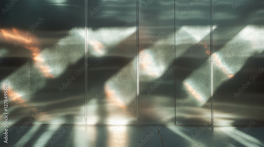 Poster abstract light reflections on metallic panel wall for modern design projects
