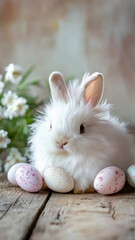 Fluffy white bunny sits on a rustic wooden table surrounded by pastel-colored Easter eggs. Copy space.