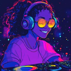 Vector Illustration of African Female DJ Playing Music at Sound Mixer in Concert for Party Entertainment, Youth Culture and Nightlife Scene.