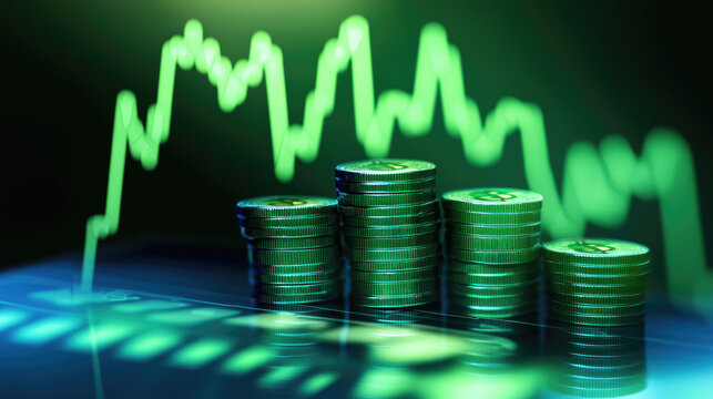 A realistic PNG of a green upward-trending financial chart with a digital coin stack placed on a glossy podium, showcasing the concept of stock profit and market growth 
