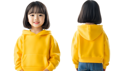 Portrait of a happy beautiful korean kid girl, with short haired bang style, wearing a yellow hoodie sweater and jeans, front and back view, mockup concept