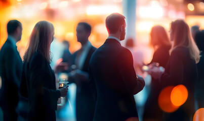 A vibrant networking event with business professionals engaging in conversation, blurred figures creating a sense of motion and activity